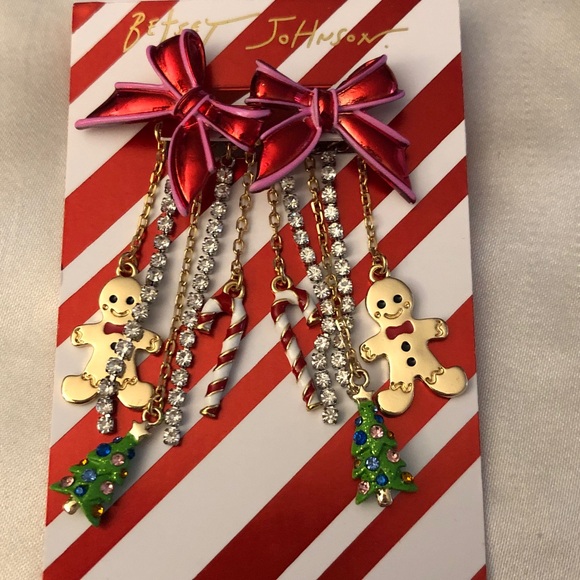 Betsey Johnson Gold Tone Red Metal Bow Front Back Drop Earrings Fringe Accents - Picture 4 of 13